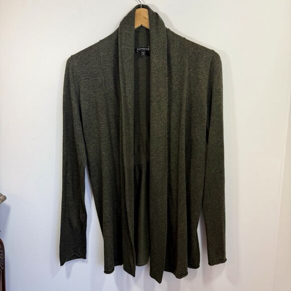 Express Large Sweater Open Front Cardigan Gray Green Shawl Long Sleeve Ruching - Picture 1 of 10